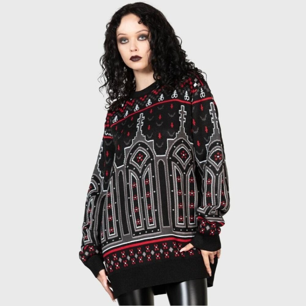 Killstar Black, Red & Gray Gothic Cathedral Knit Sweater - Picture 6 of 13